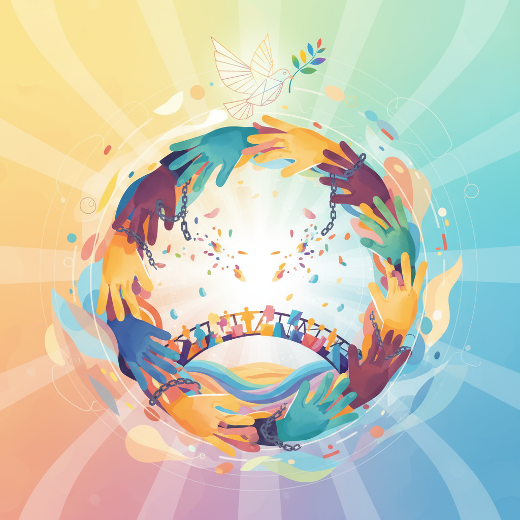 A symbolic, abstract, and inclusive illustration representing anti-discrimination work—such as diverse hands coming together, breaking chains, or bridging divides. The style should be colorful, modern, and visually consistent with the images used in the modules below (vibrant, simple shapes, and inclusive representation).